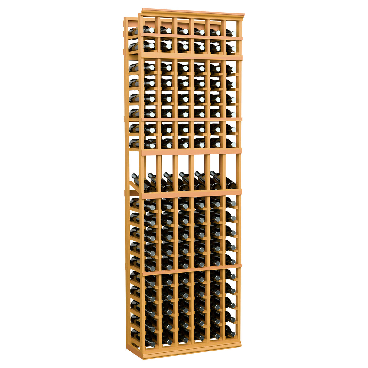 Honey-colored wood wine bottle display rack, 6-column layout, 7ft tall, holds bottles