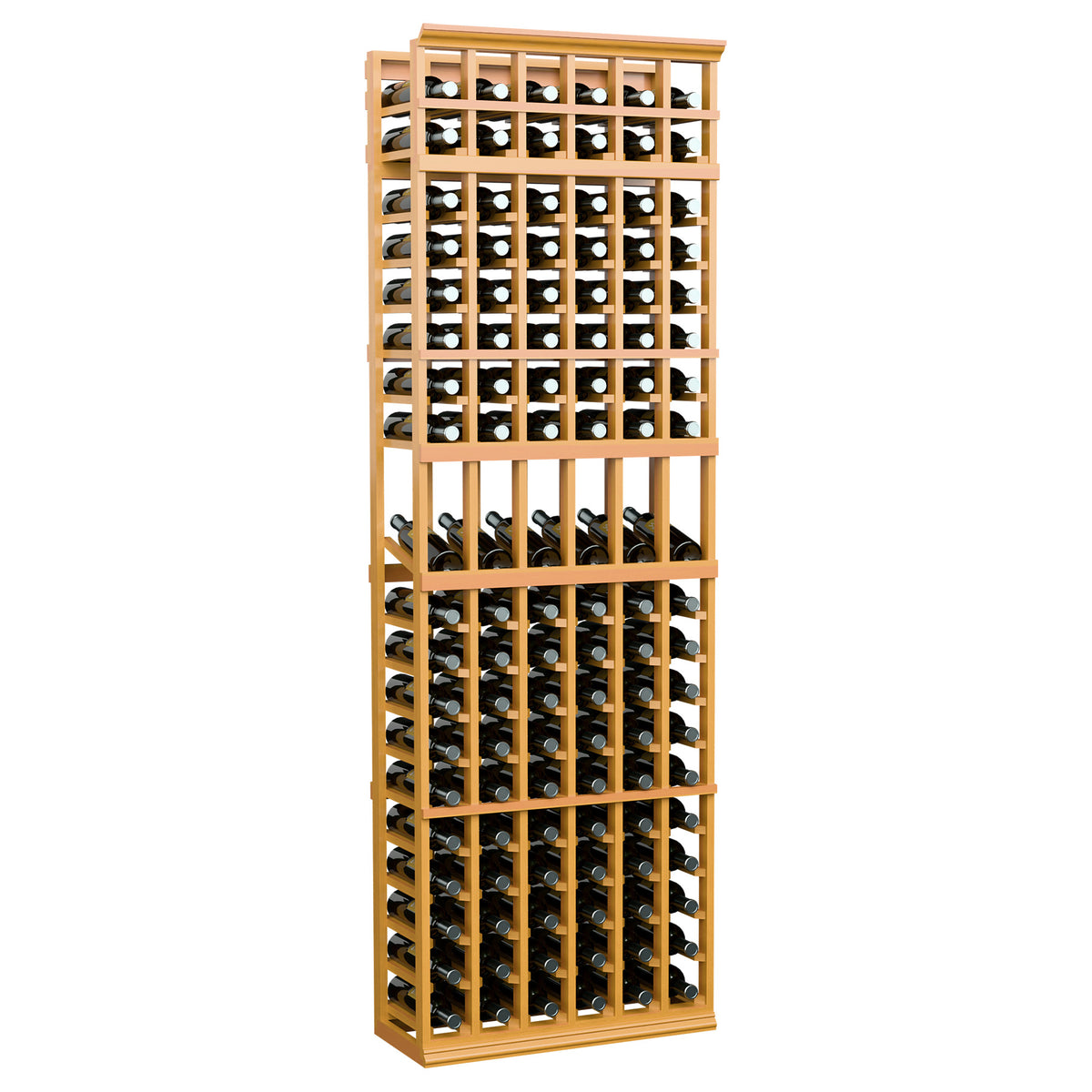 Warm light wood wine bottle display rack, 6 columns, 7ft tall, multi-bottle storage