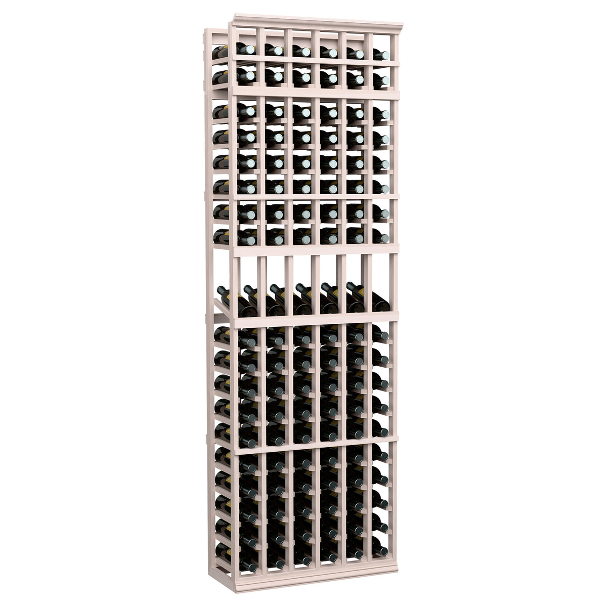 Whitewashed wood wine bottle display rack, 6-column layout, 7ft tall, holds bottles