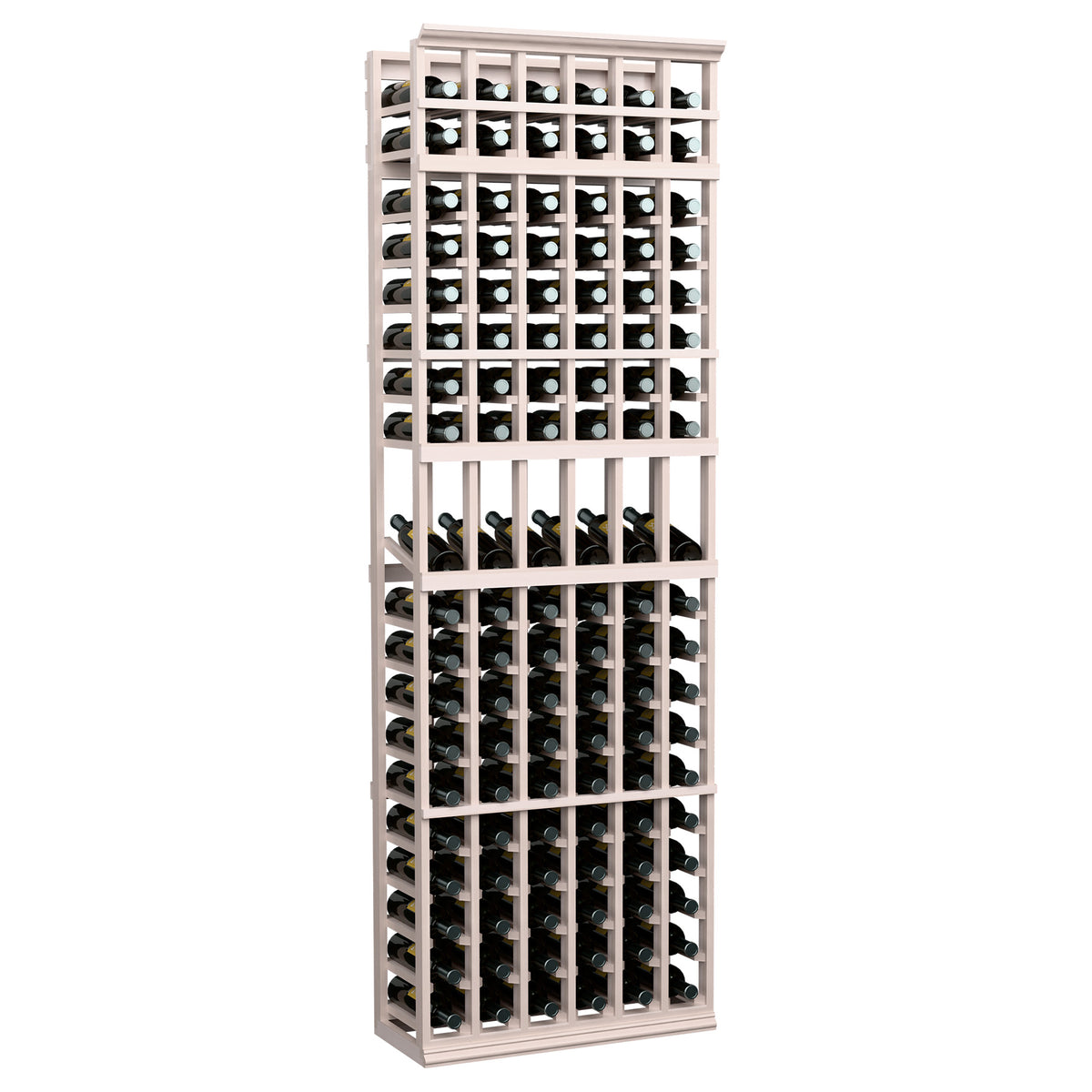 White wood wine bottle display rack with 6 columns, 7ft tall, holds multiple bottles