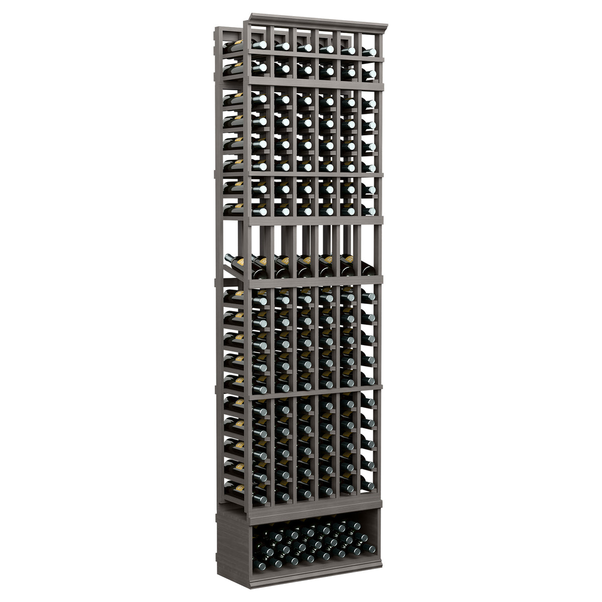 8-ft 6-column wine display rack in dark stained wood with bottle storage rows