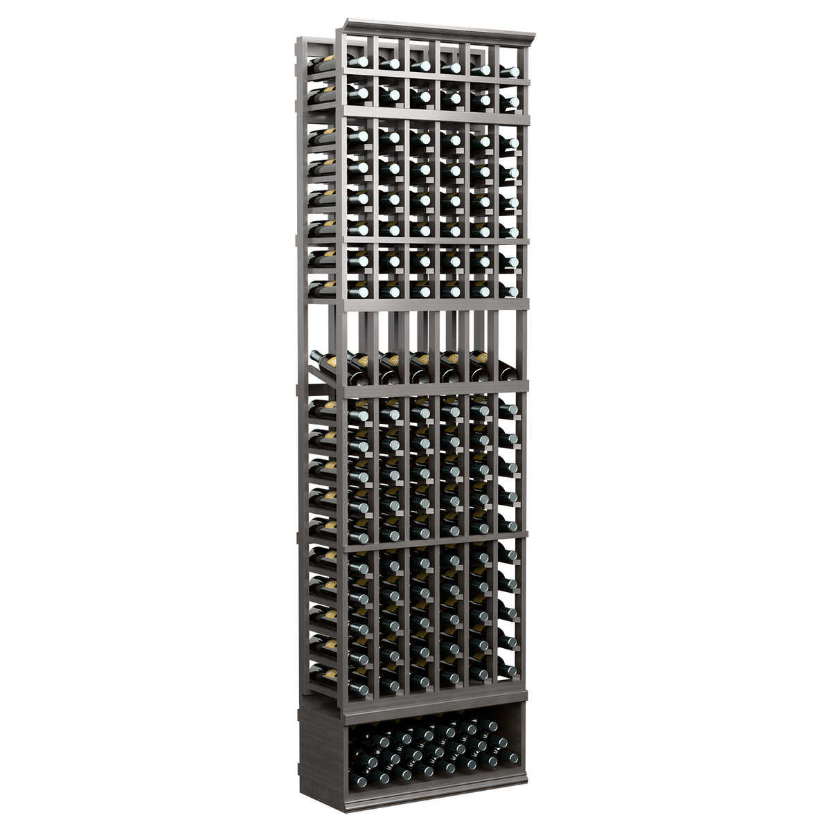 8-ft wine display rack with 6 columns and dark frame for storing bottles upright