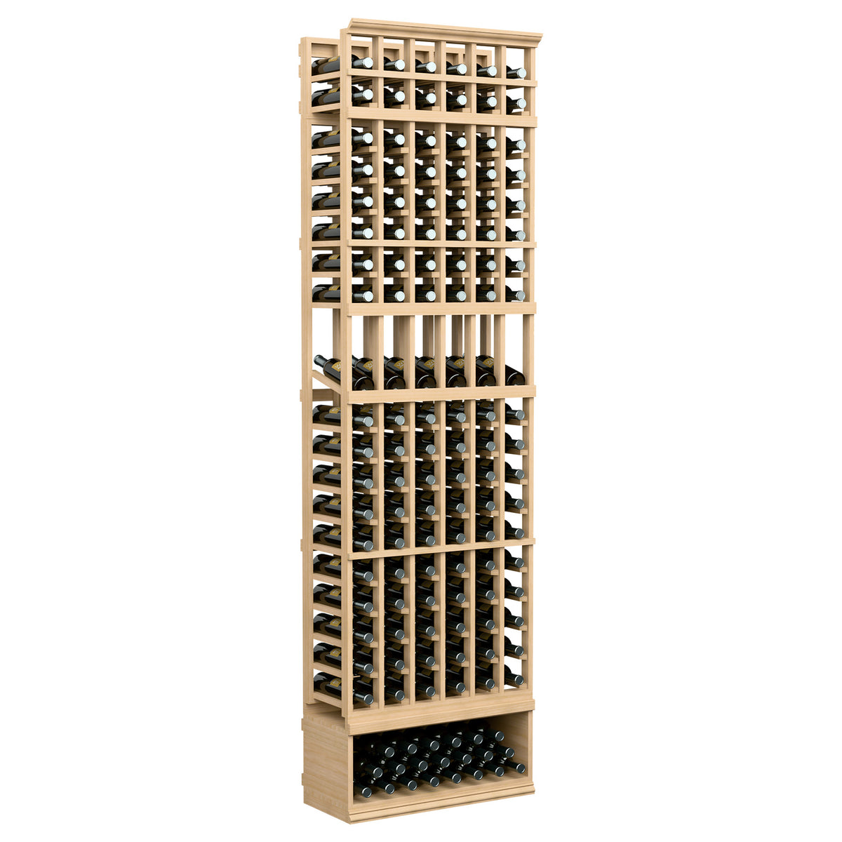 8-ft 6-column wine display rack in light natural wood with multiple bottle holder rows