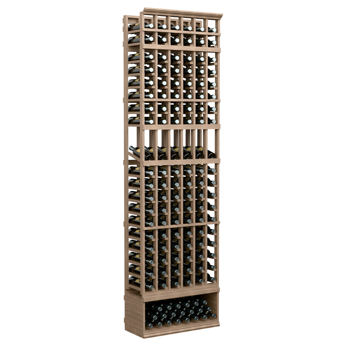 8-ft 6-column wine display rack in medium tan wood with organized bottle rows