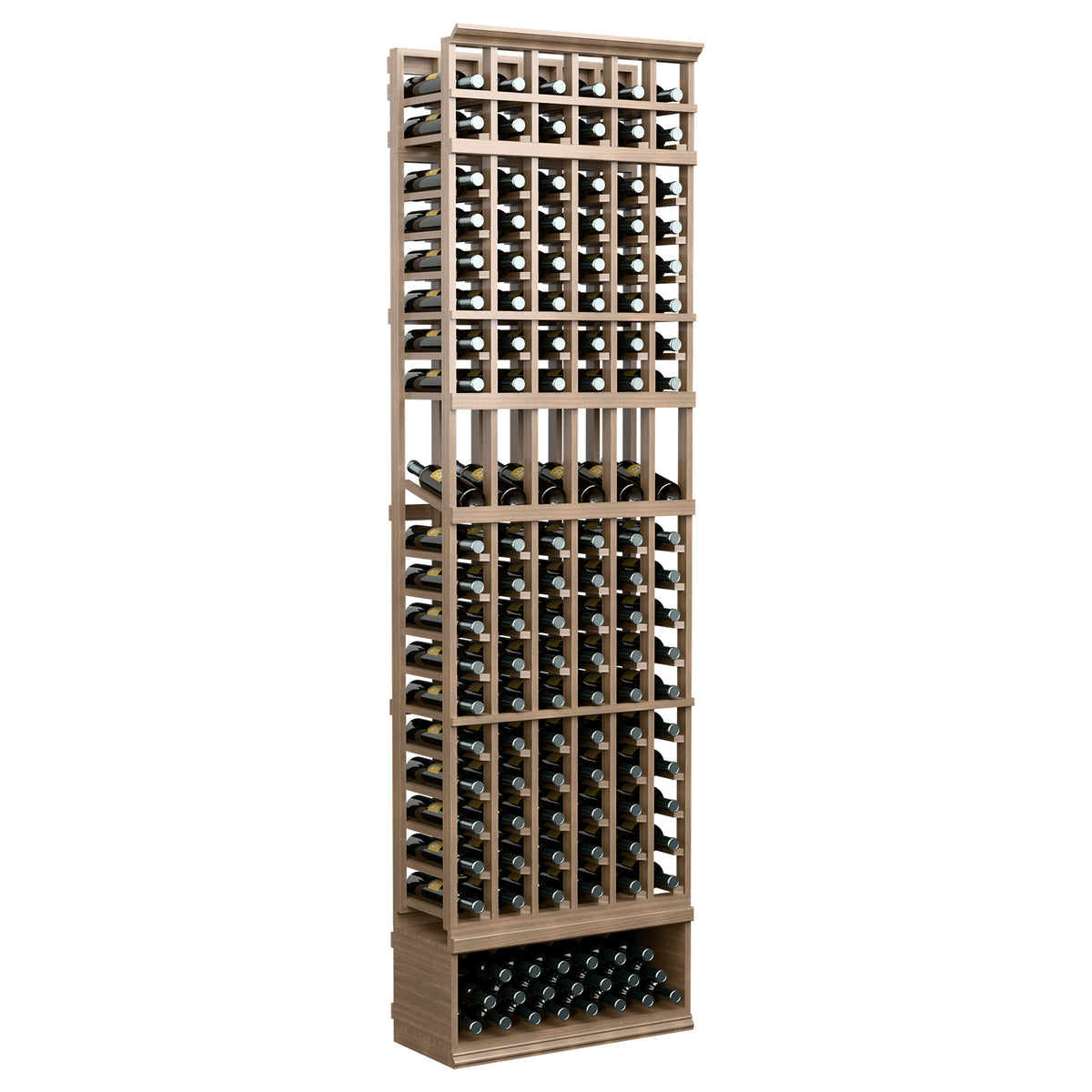 8-ft wine display rack with 6 columns in tan wood and upright bottle storage