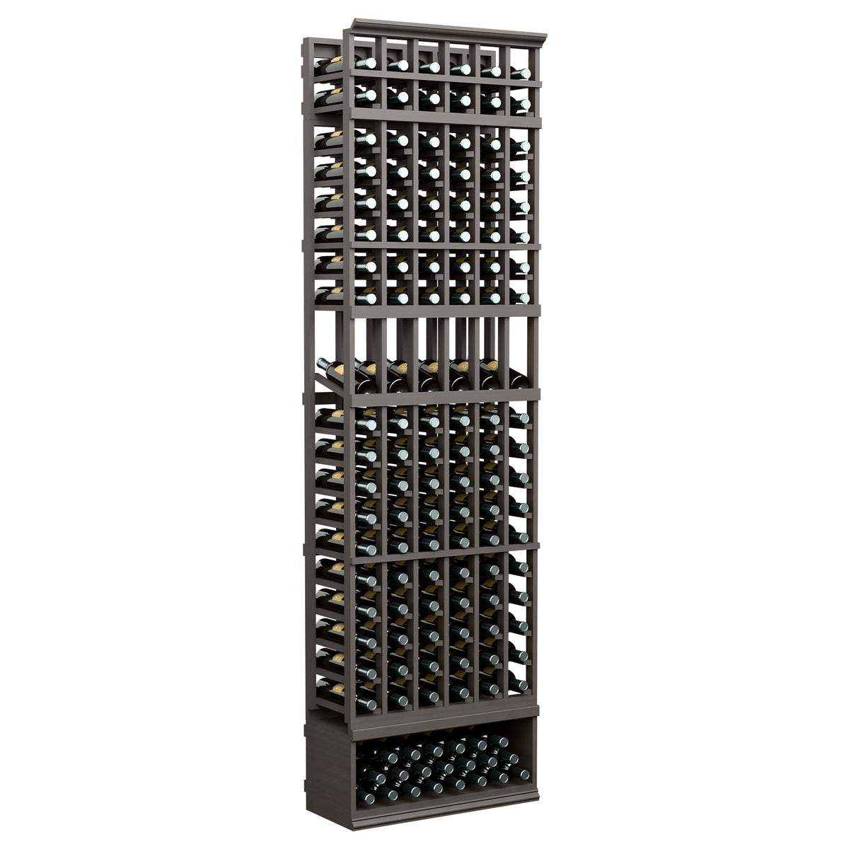 8-ft 6-column wine display rack with dark stained wood and stacked bottle compartments