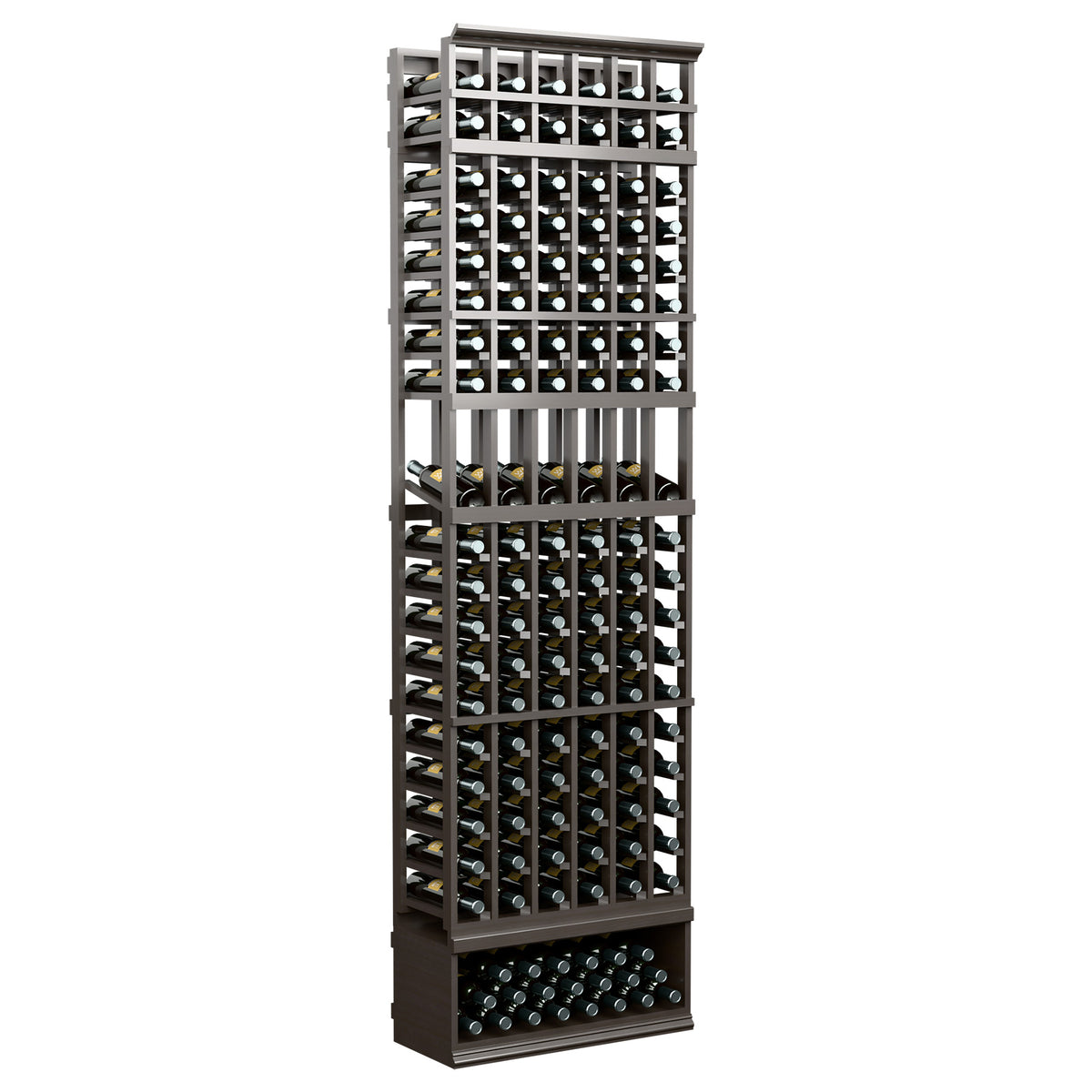 8-ft wine display rack with 6 columns in dark wood for storing bottles upright
