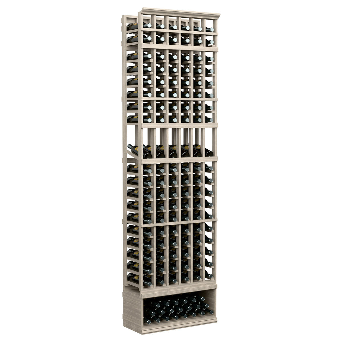 6-column wine bottle display rack with open lattice shelves and front bottle storage, light wood