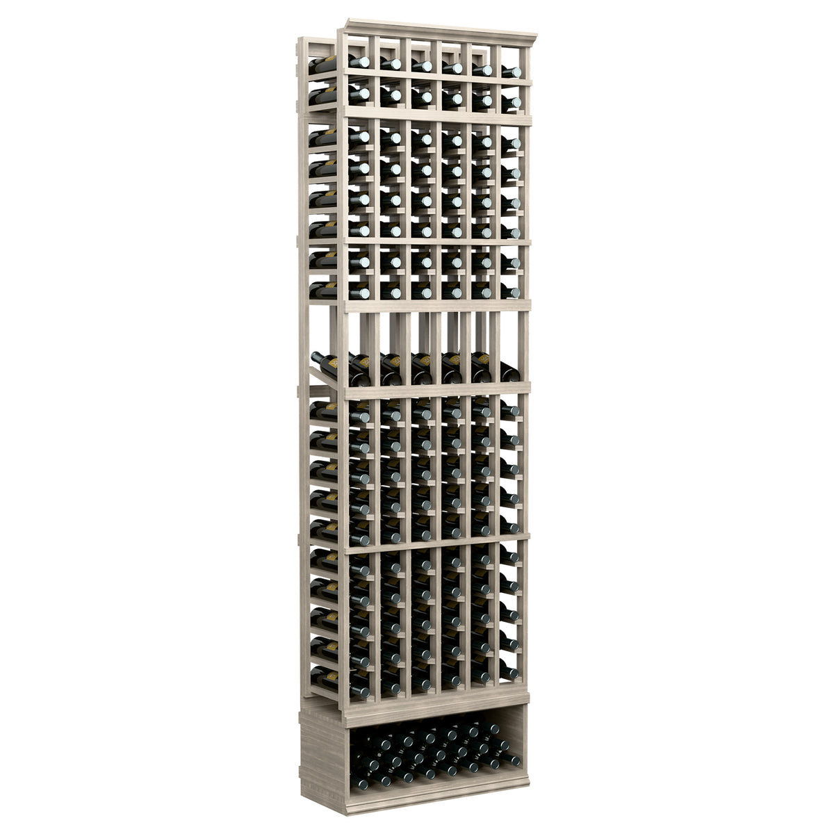 6-column wine bottle display rack with open lattice shelves and front bottle storage, light gray wood