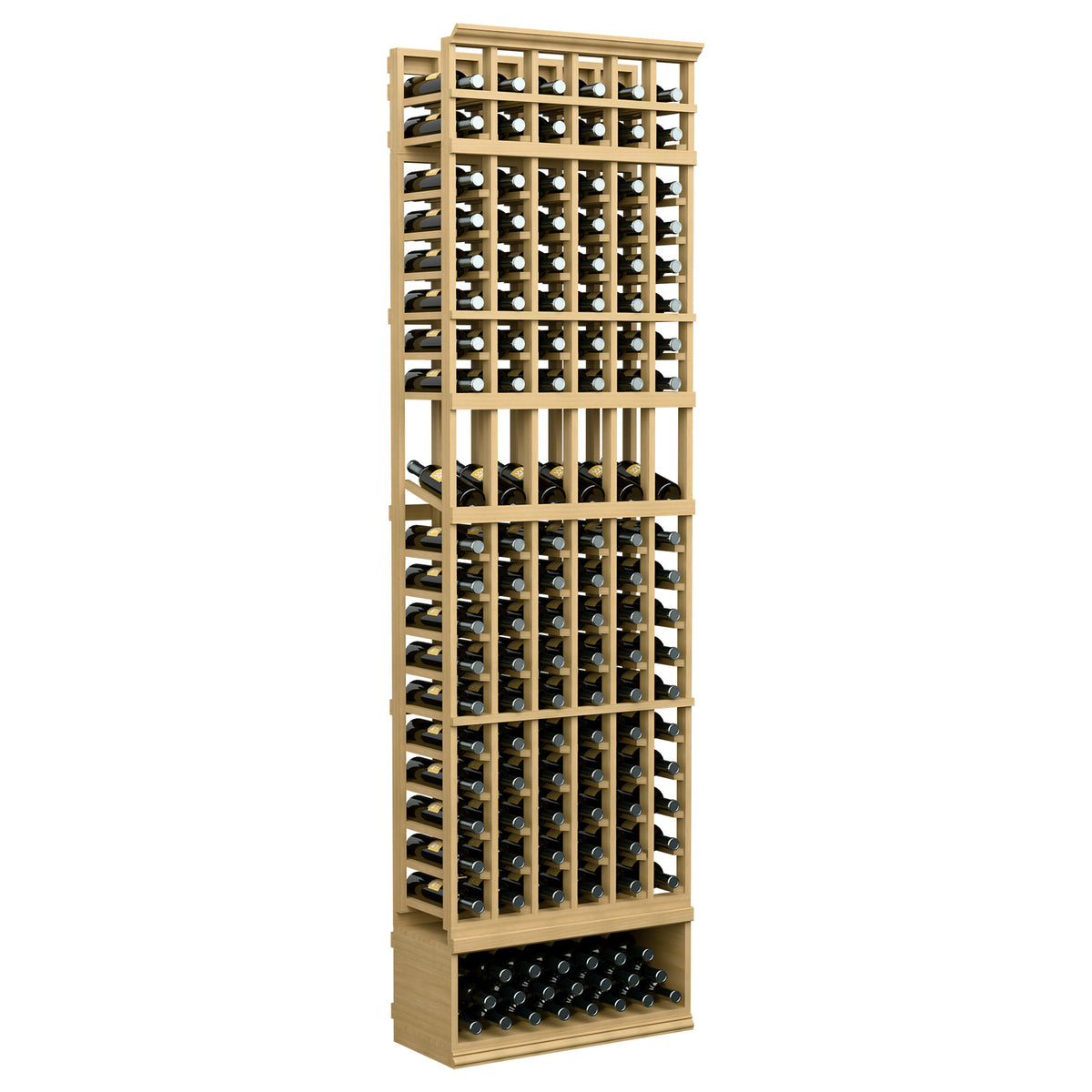 6-column wine bottle display rack with open lattice shelves and front bottle storage, natural wood