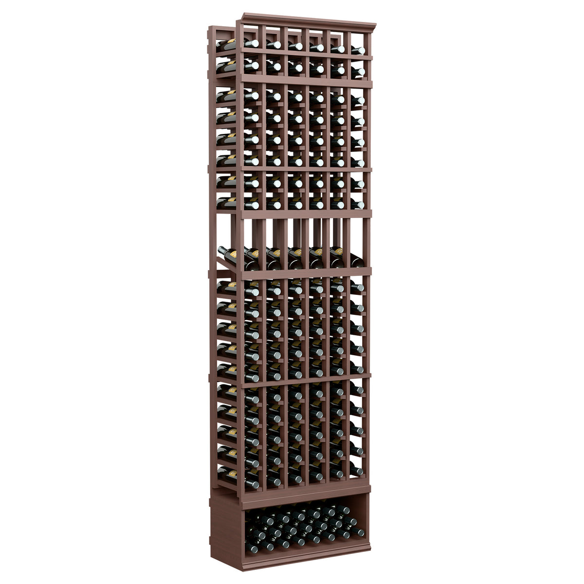 6-column wine bottle display rack with open lattice shelves and front bottle storage, dark brown wood