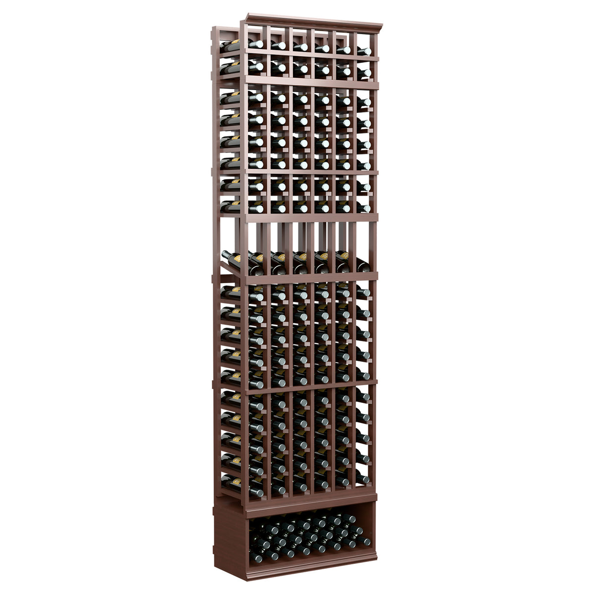 6-column wine bottle display rack with open lattice shelves and front bottle storage, espresso-brown wood