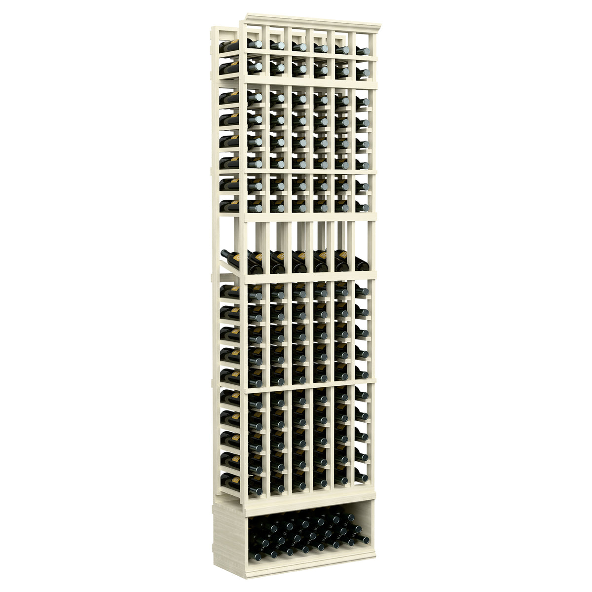 6-column wine bottle display rack with open lattice shelves and front bottle storage, whitewashed wood