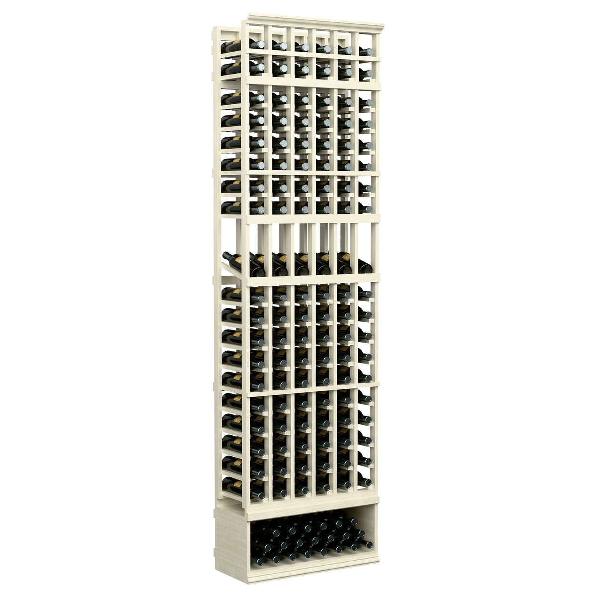 6-column wine bottle display rack with open lattice shelves and front bottle storage, off-white wood