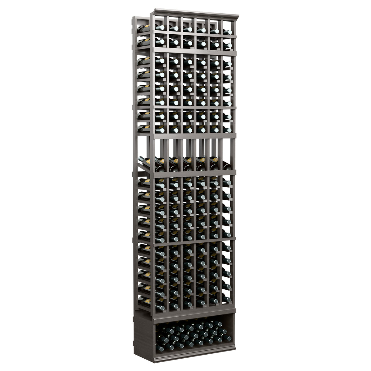 6-column wine bottle display rack with black frame and front bottle rows