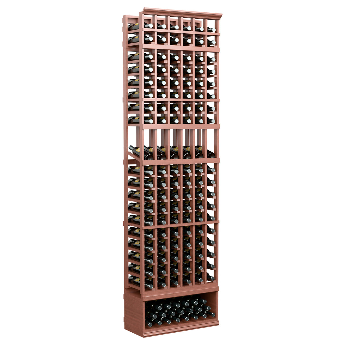 6-column wine bottle display rack, warm wood frame with front bottle storage