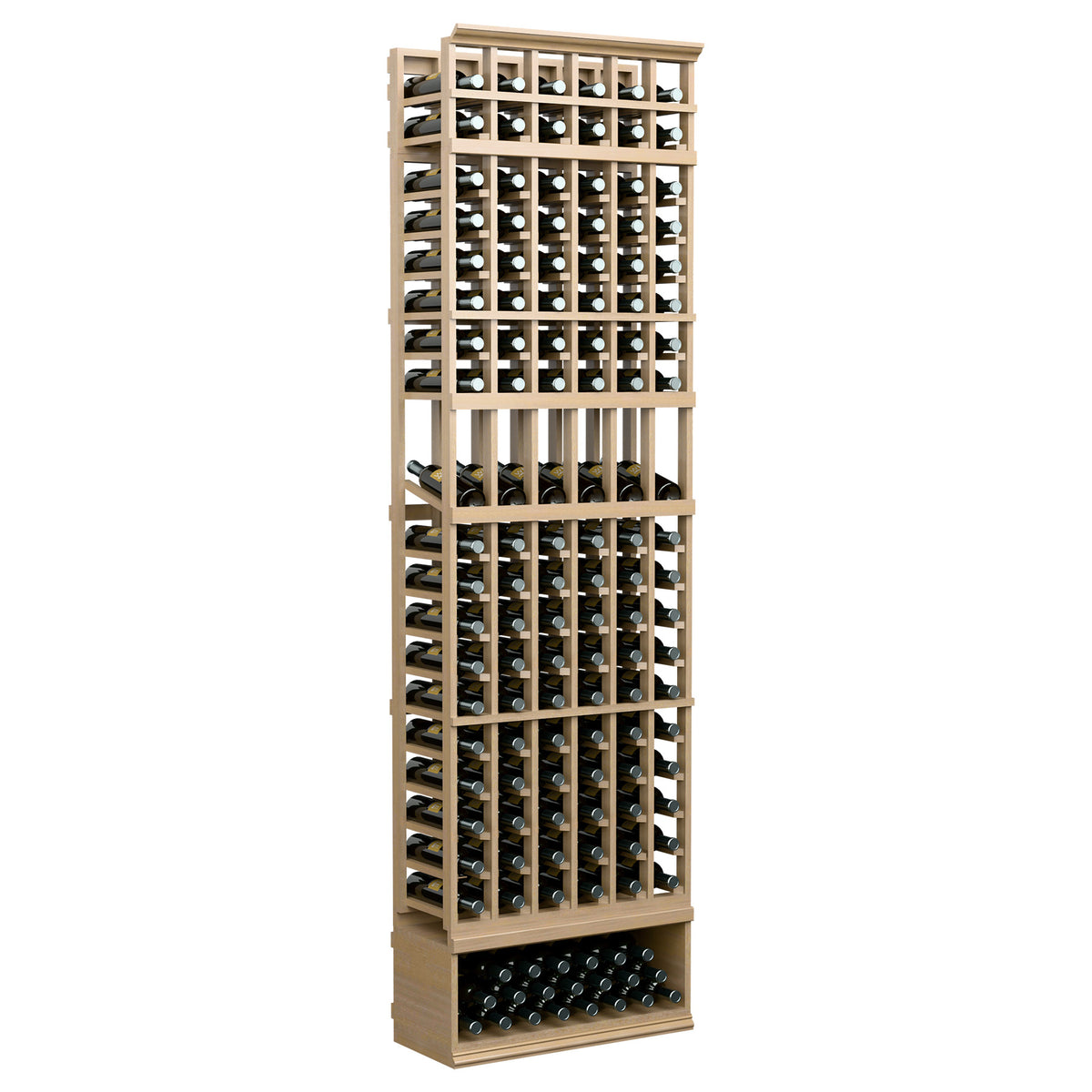 6-column wine bottle display rack, pale wood frame with stacked wine bottle rows
