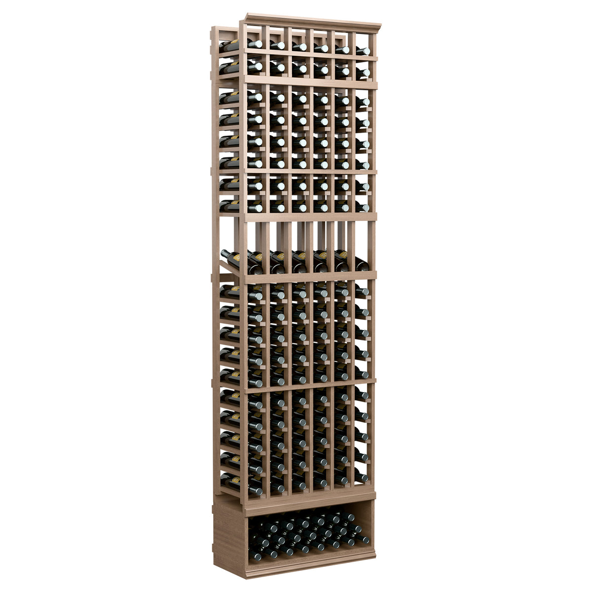 6-column wine bottle display rack, natural wood frame with bottle holder grid