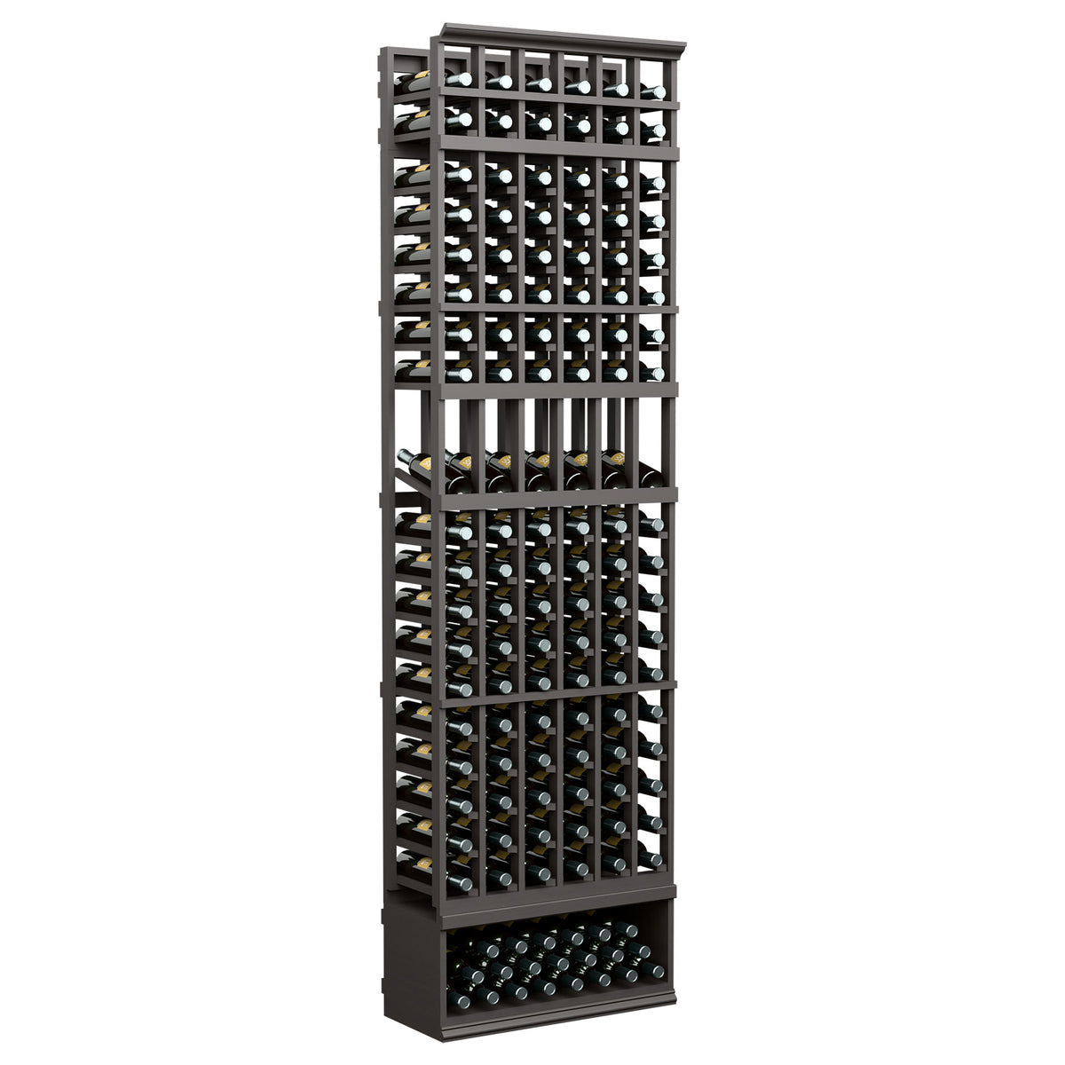 6-column wine bottle display rack, dark frame with front bottle holders