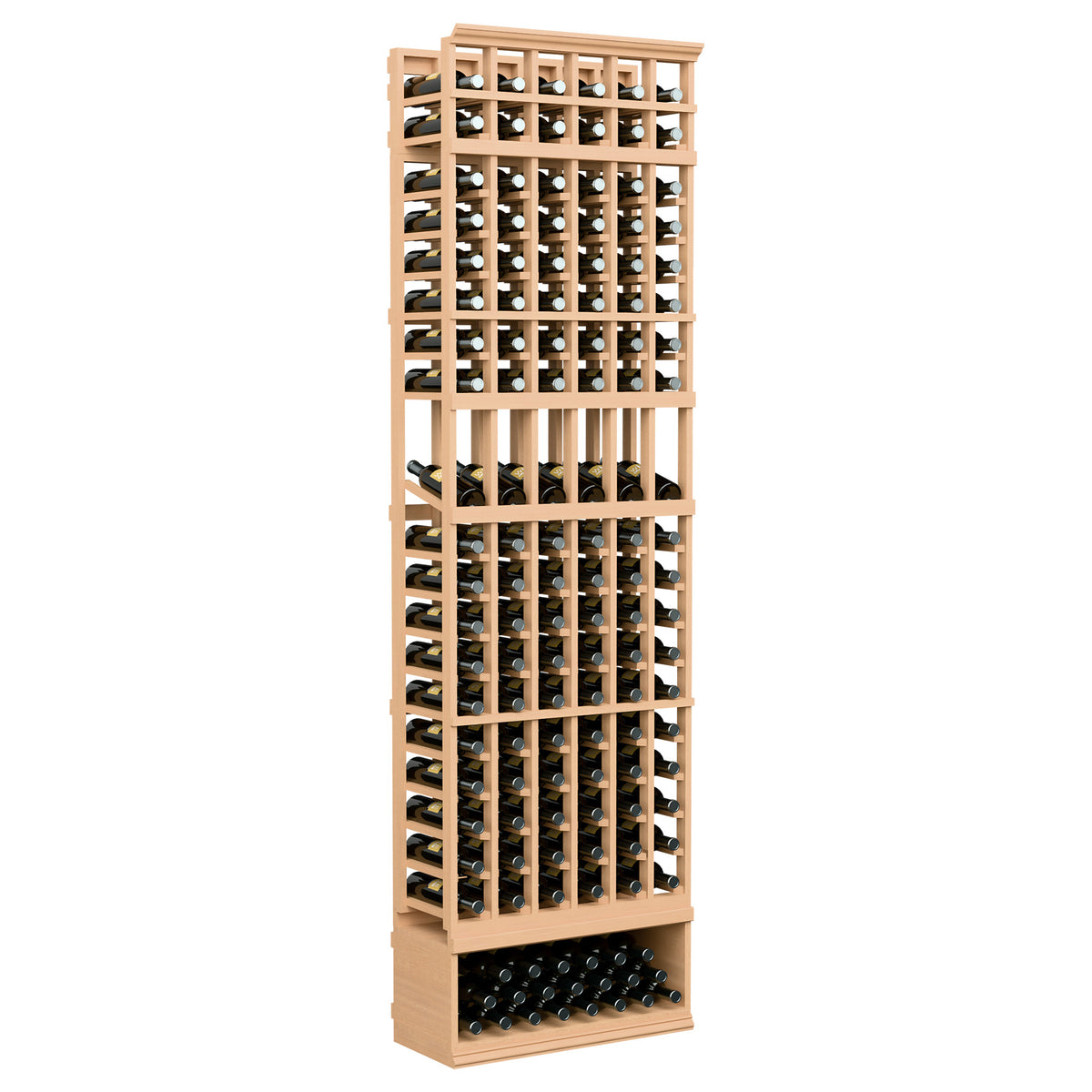 6-column wine bottle display rack, 8ft, natural wood tone with bottle holder grid