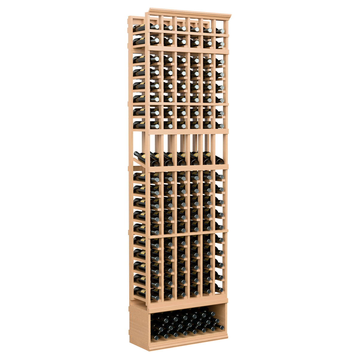 6-column wine bottle display rack, 8ft, natural wood frame with front bottle rows