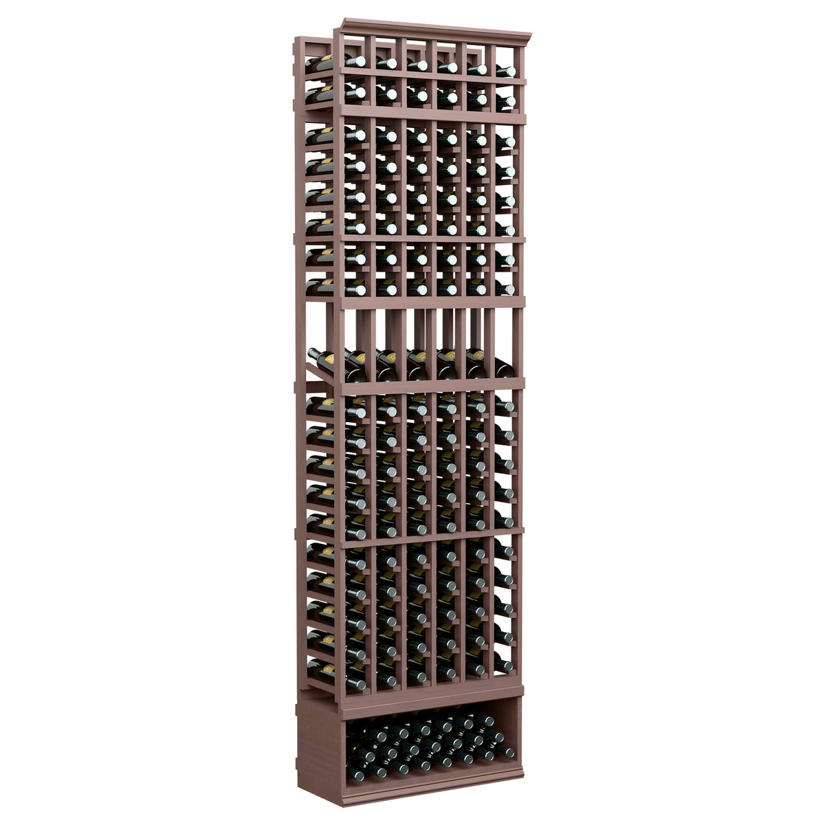 6-column wine bottle display rack, 8ft, dark wood frame with bottle holder grid