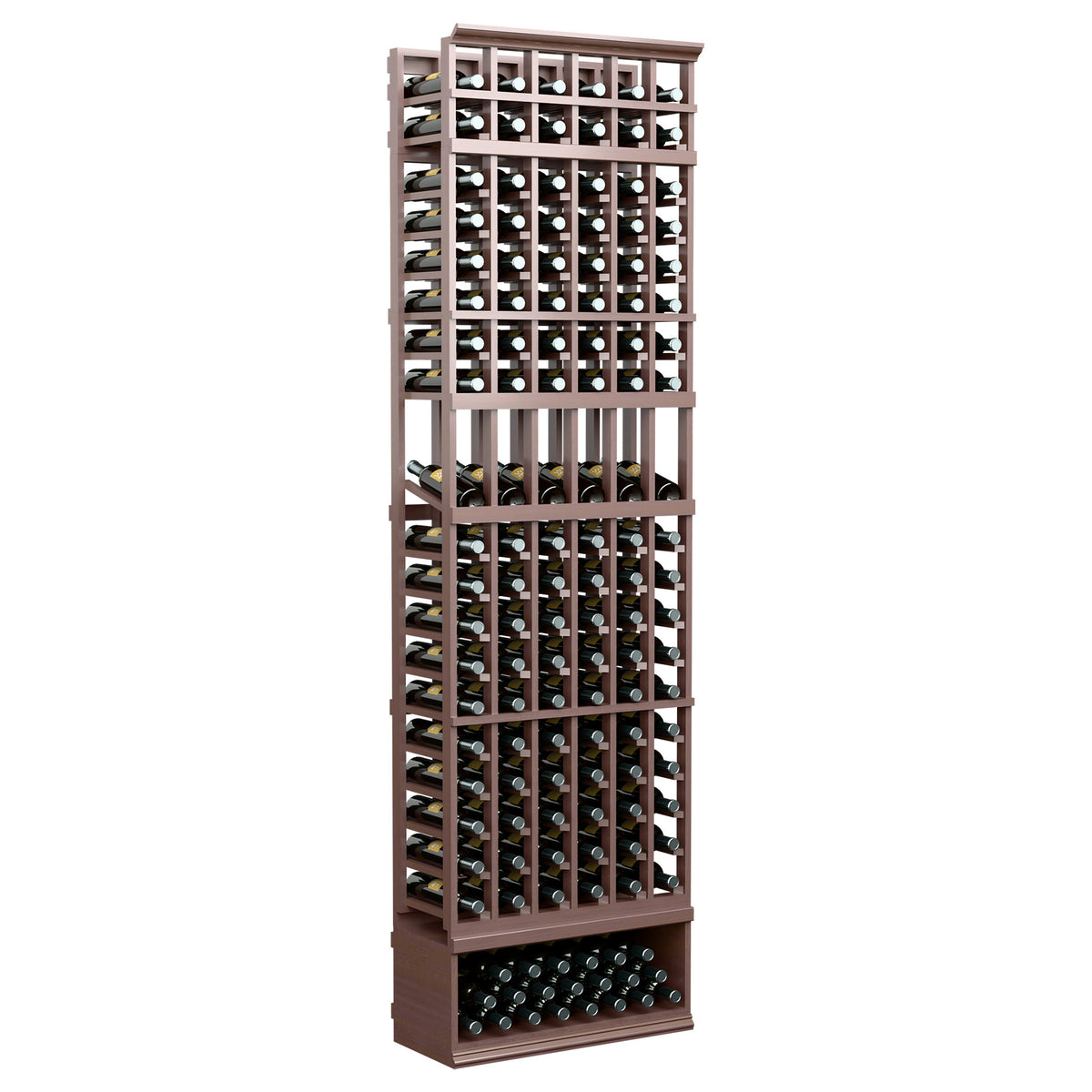 6-column wine bottle display rack, 8ft, dark brown frame with wine bottle rows
