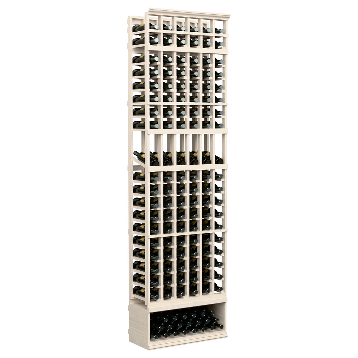 6-column wine bottle display rack, 8ft, whitewashed wood frame with bottle slots