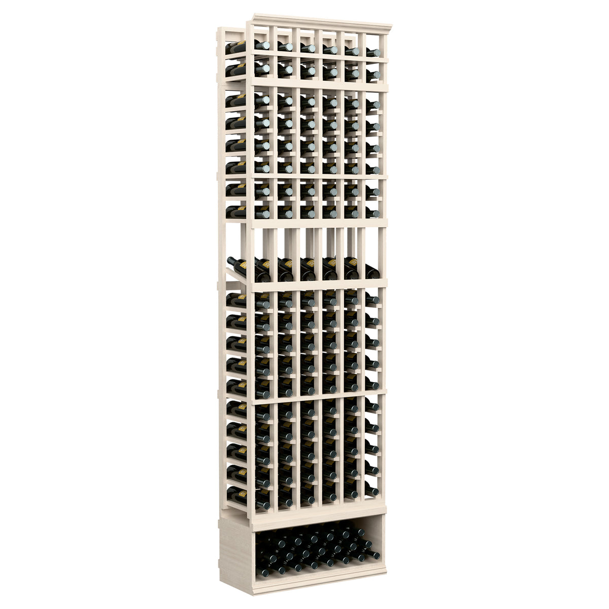 6-column wine bottle display rack, 8ft, white wood tone frame with front bottle holders