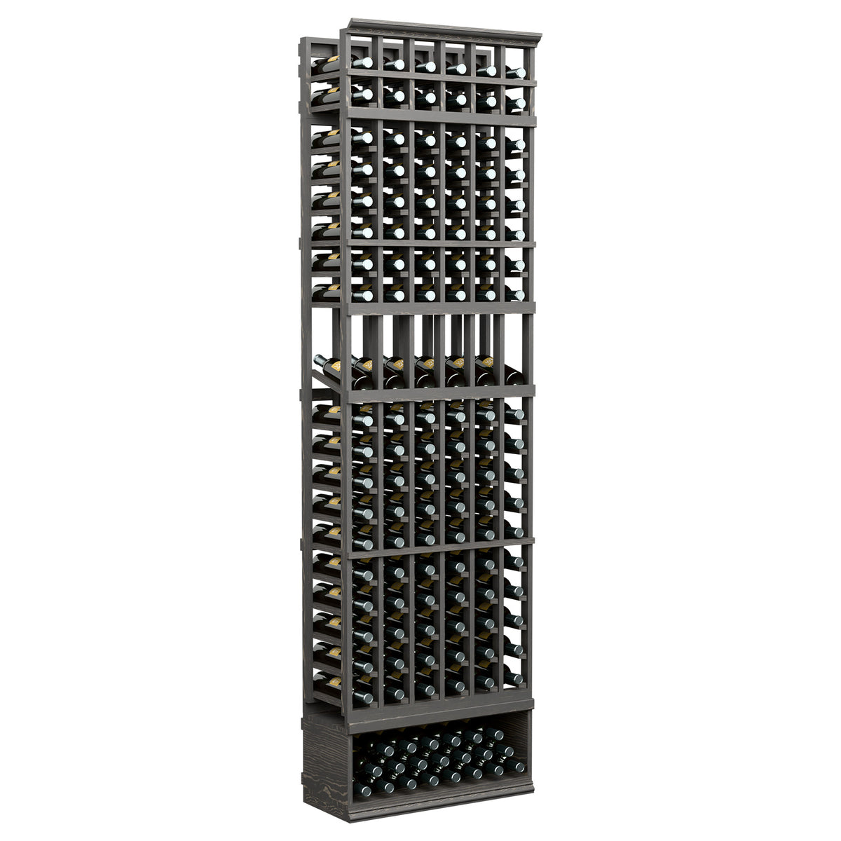 6-column 8-ft wine bottle display rack, charcoal frame with grid bottle slots