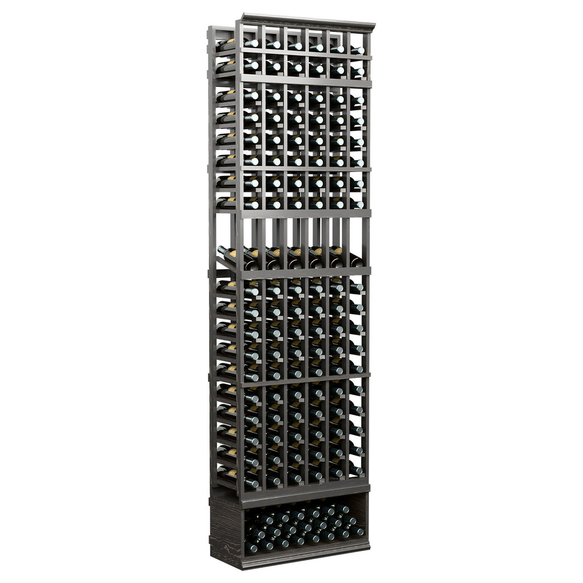 6-column 8-ft wine bottle display rack, dark frame with stacked bottle openings