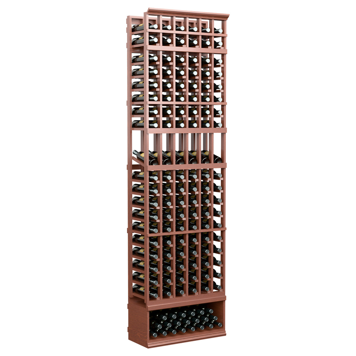 6-column 8-ft wine bottle display rack, reddish wood frame with bottle row dividers