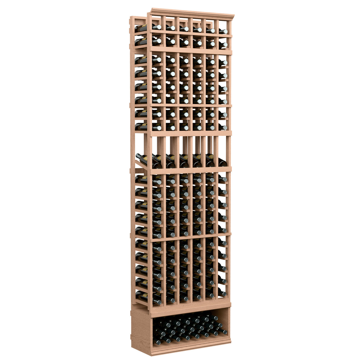 6-column 8-ft wine bottle display rack, medium wood frame with front bottle grid