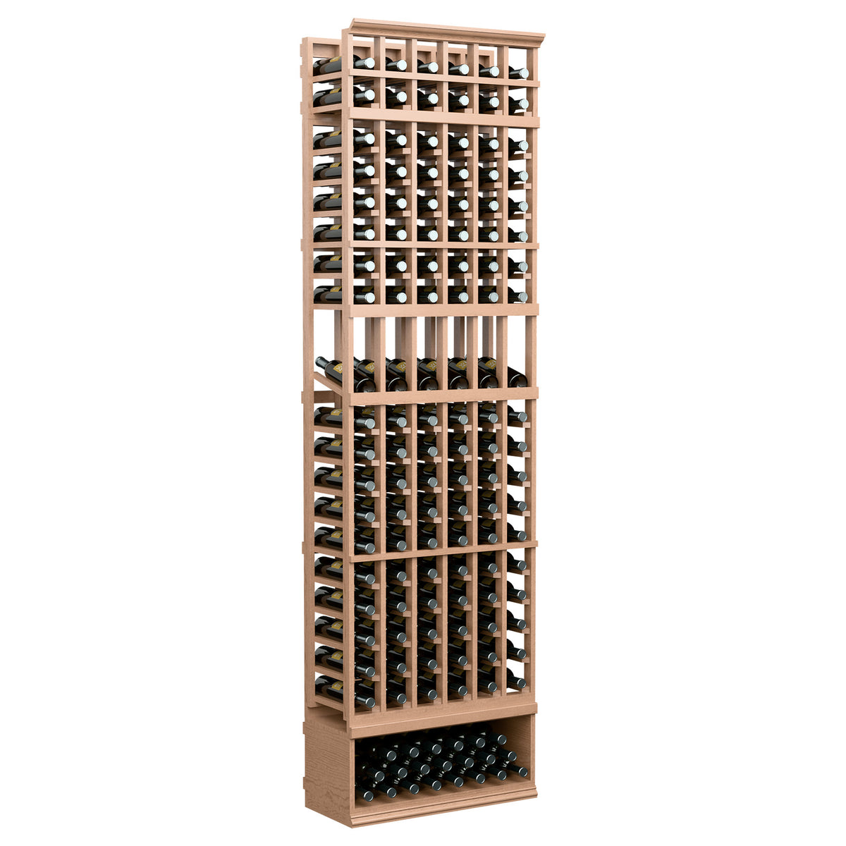 6-column 8-ft wine bottle display rack, light reddish wood frame with bottle holders