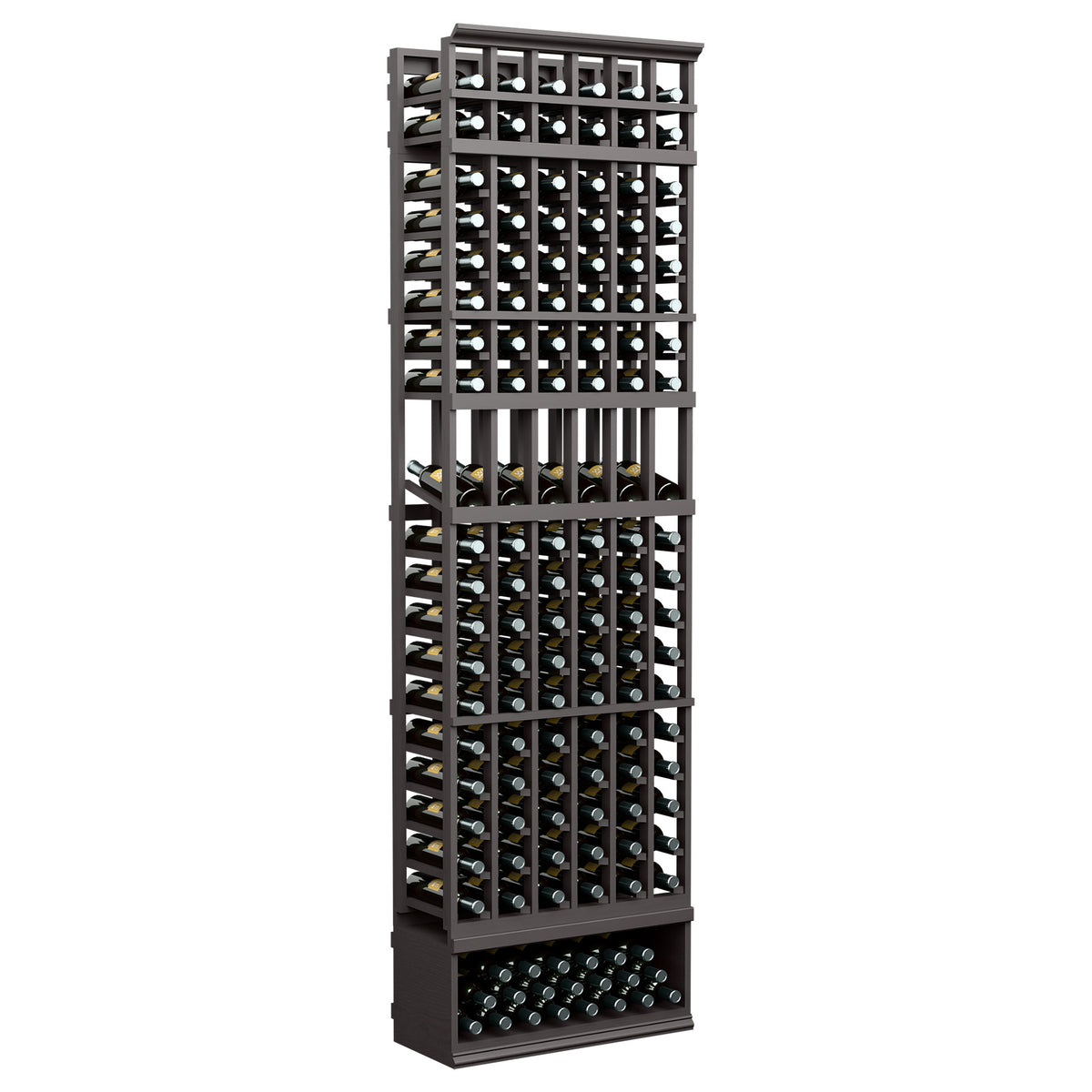 6-column 8-ft wine bottle display rack, dark gray frame with bottle grid compartments