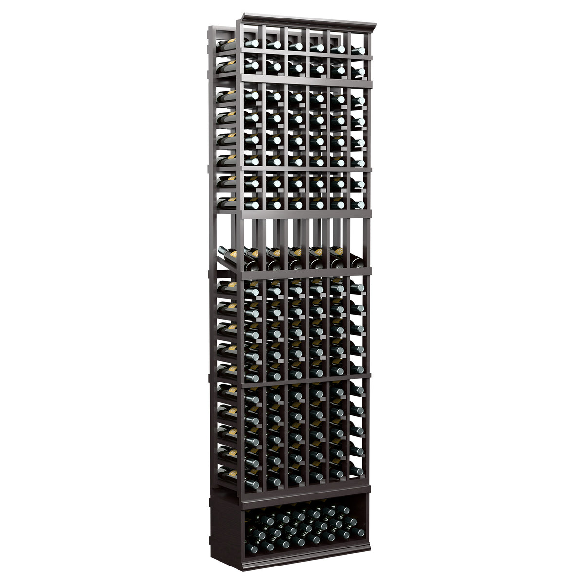 6-column 8-ft wine bottle display rack, charcoal frame with stacked bottle openings