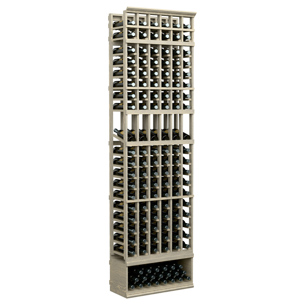 White wood wine bottle display rack with 6 columns, 8ft, holds bottles in grid