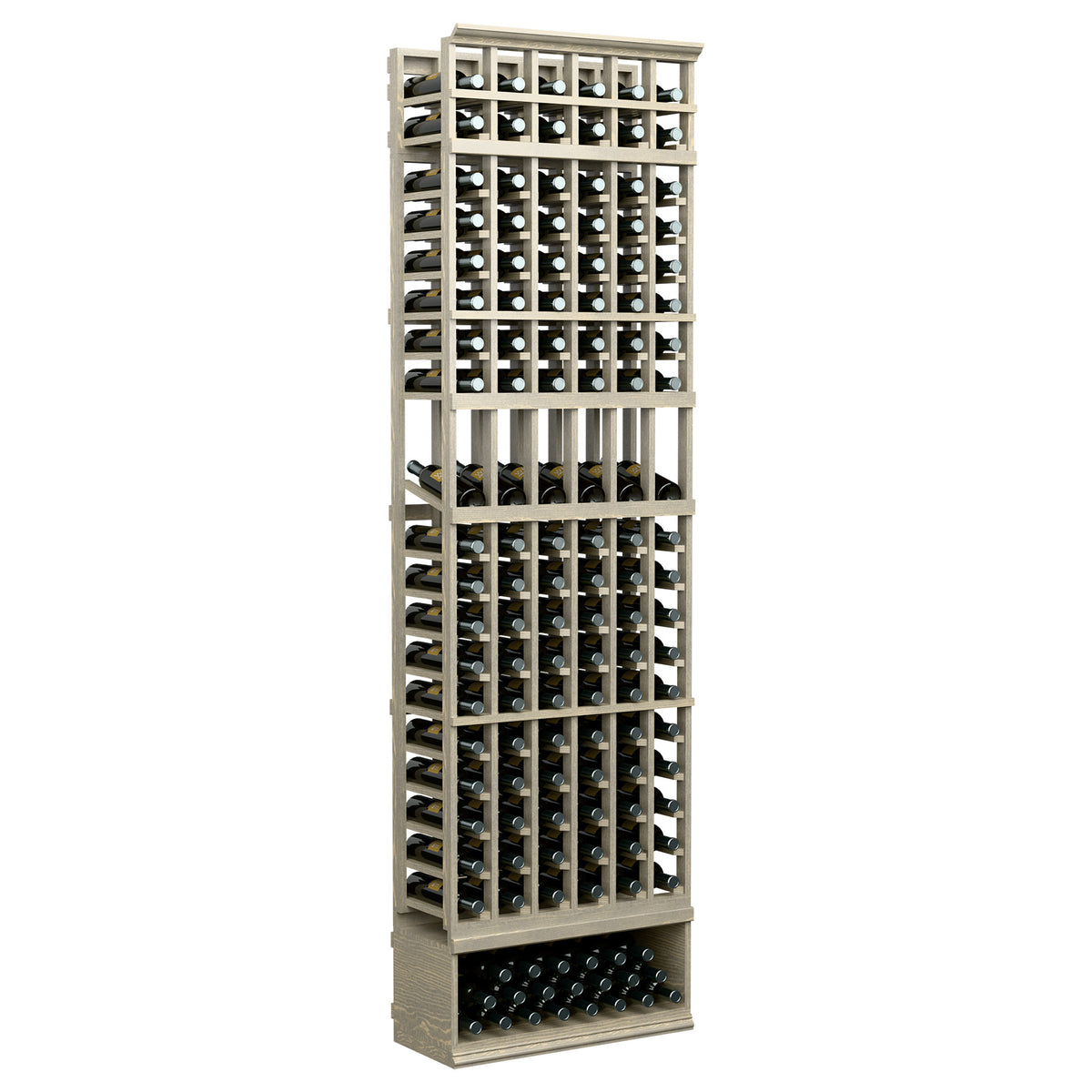 White wine bottle rack, 6 columns, black dividers, 8ft with front bottle grid