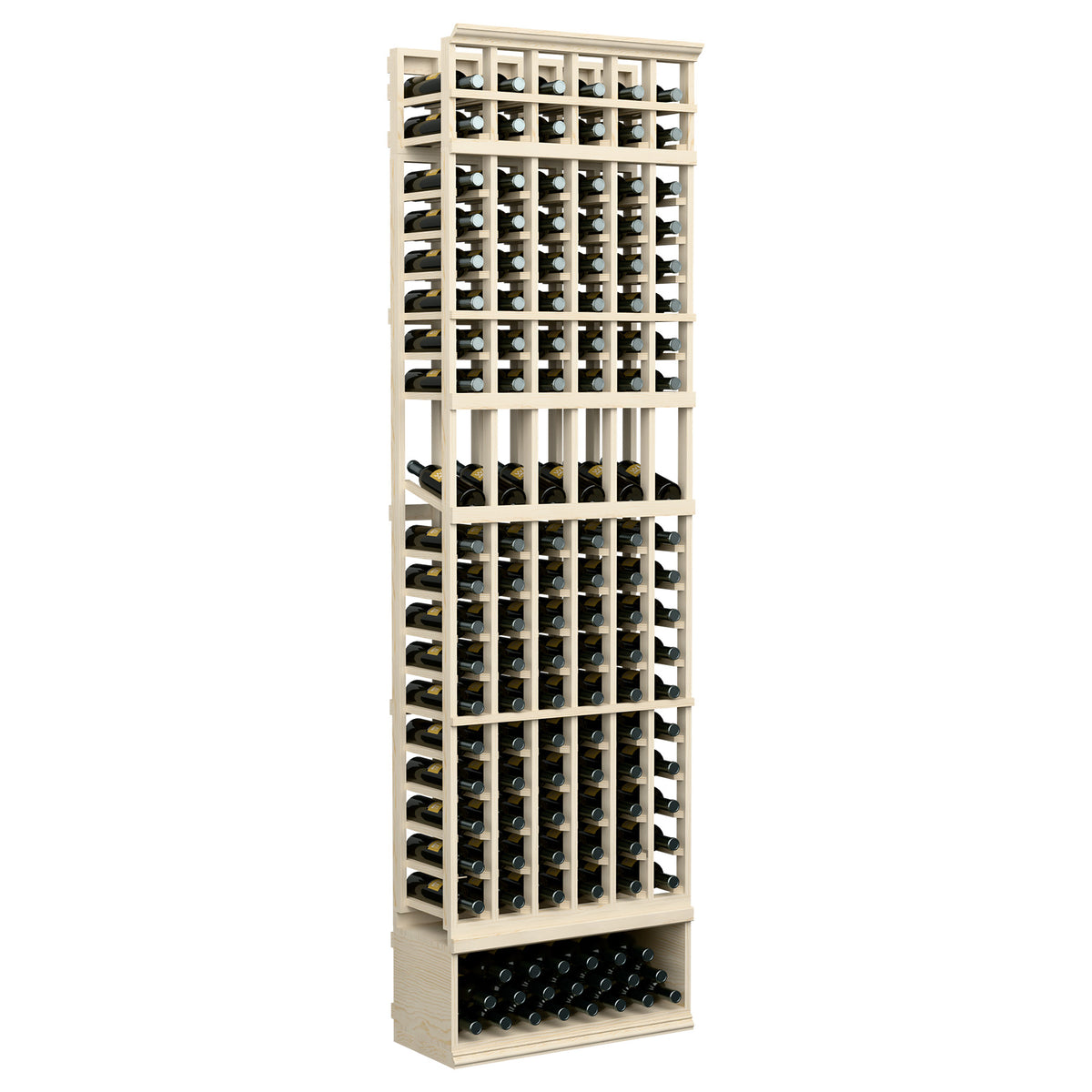 White wood wine rack with 6 columns, 8ft tall; bottom bottle tray included