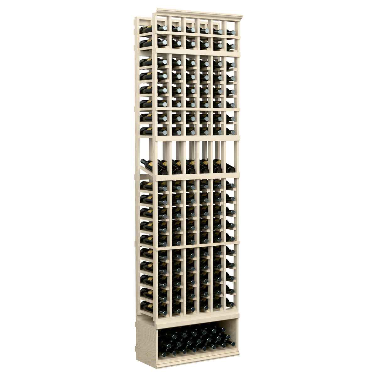 White 6-column wine bottle display rack, 8ft; front grid and lower bottle tray
