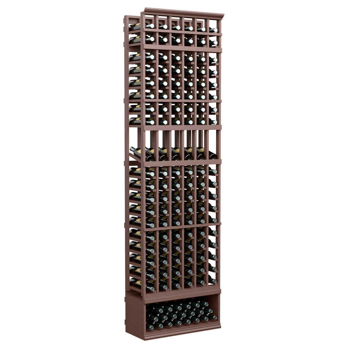 Espresso-brown wood wine bottle display rack with 6 columns, 8ft, front grid