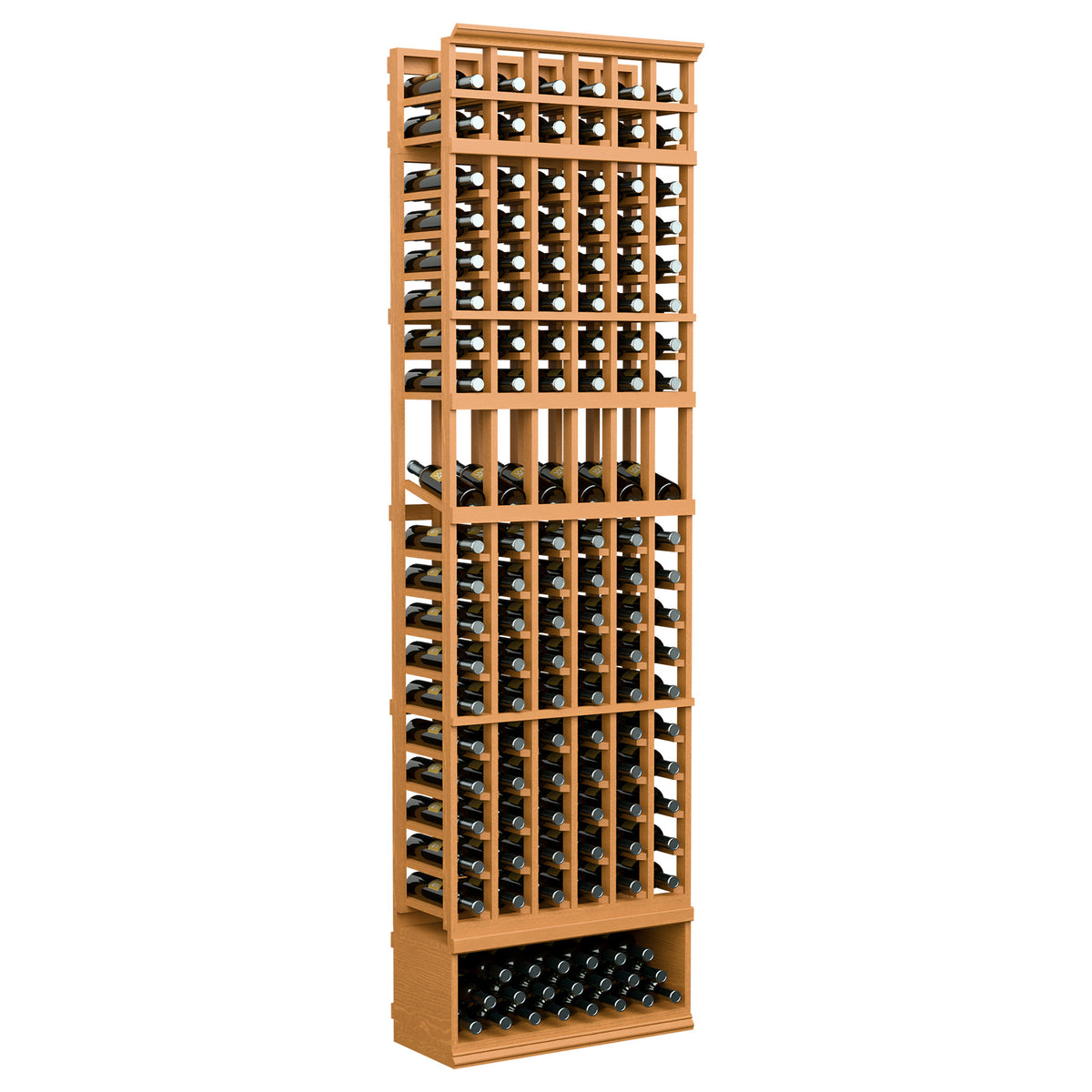 Light honey wood wine bottle display rack with 6 columns, 8ft, front grid