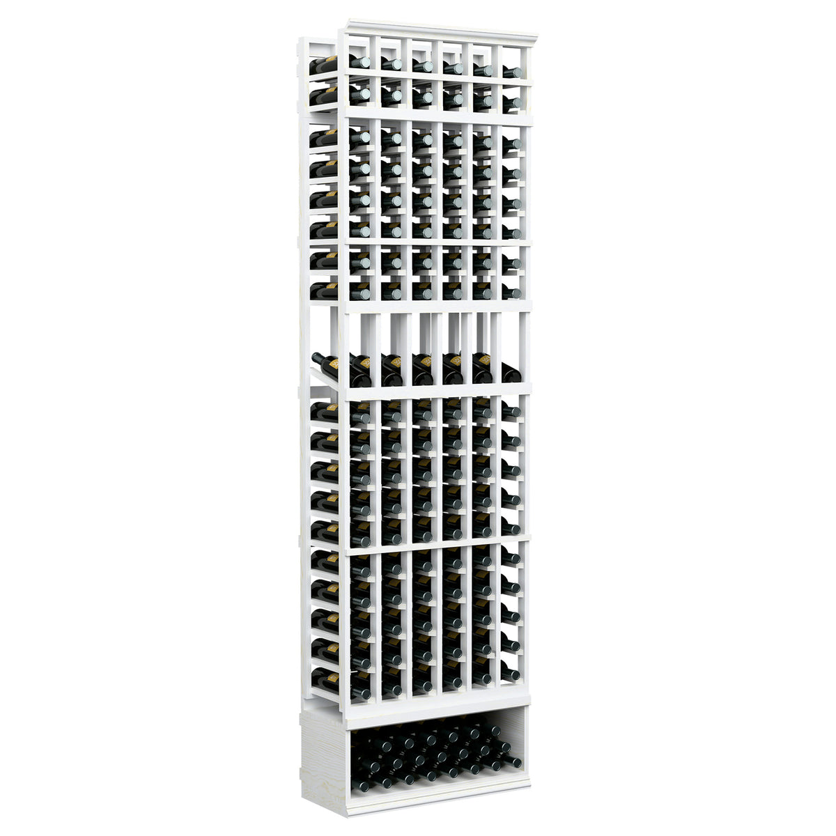 White wood wine bottle rack with 6 columns, 8ft; holds bottles in organized rows