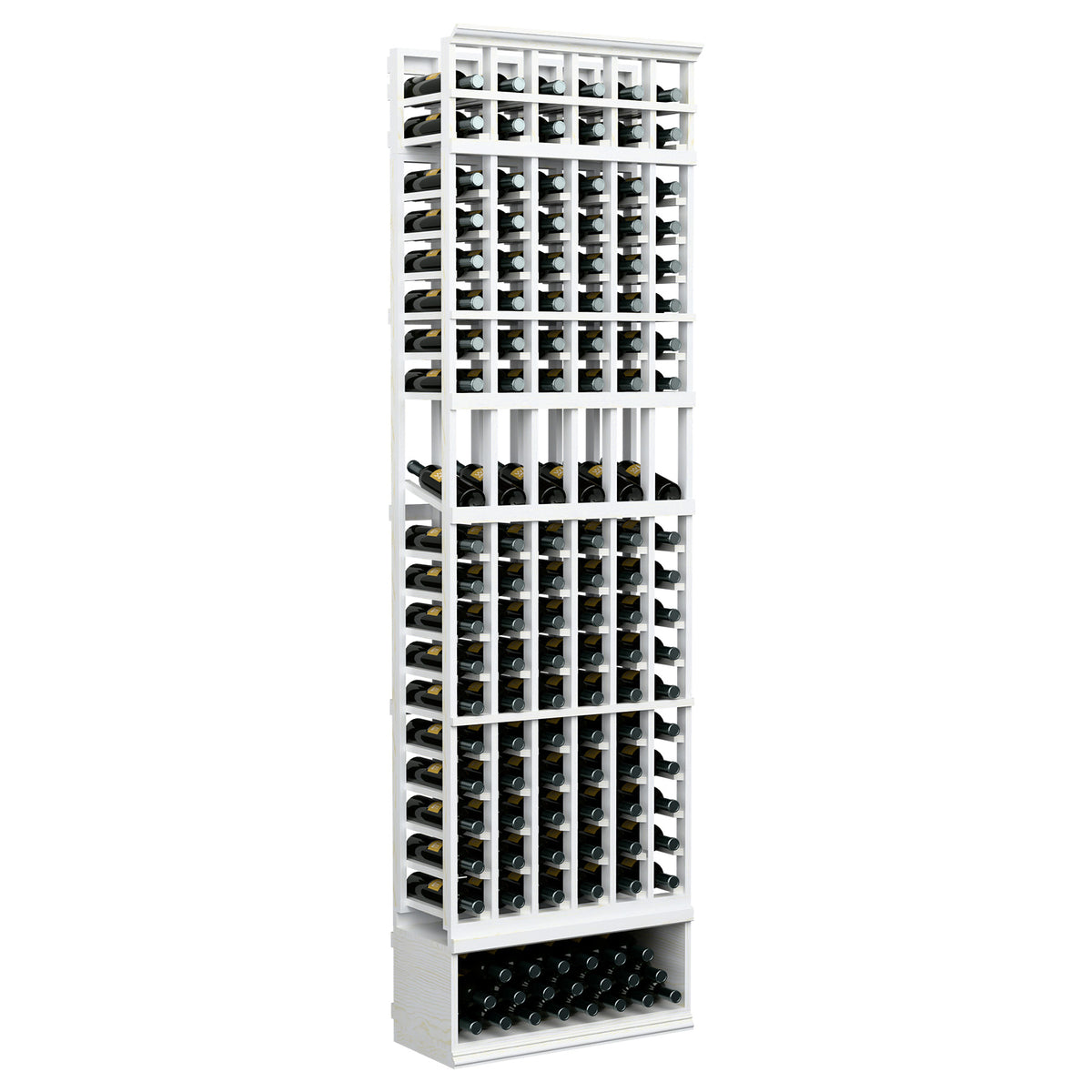 White 6-column wine bottle display rack, 8ft, with front grid and lower tray