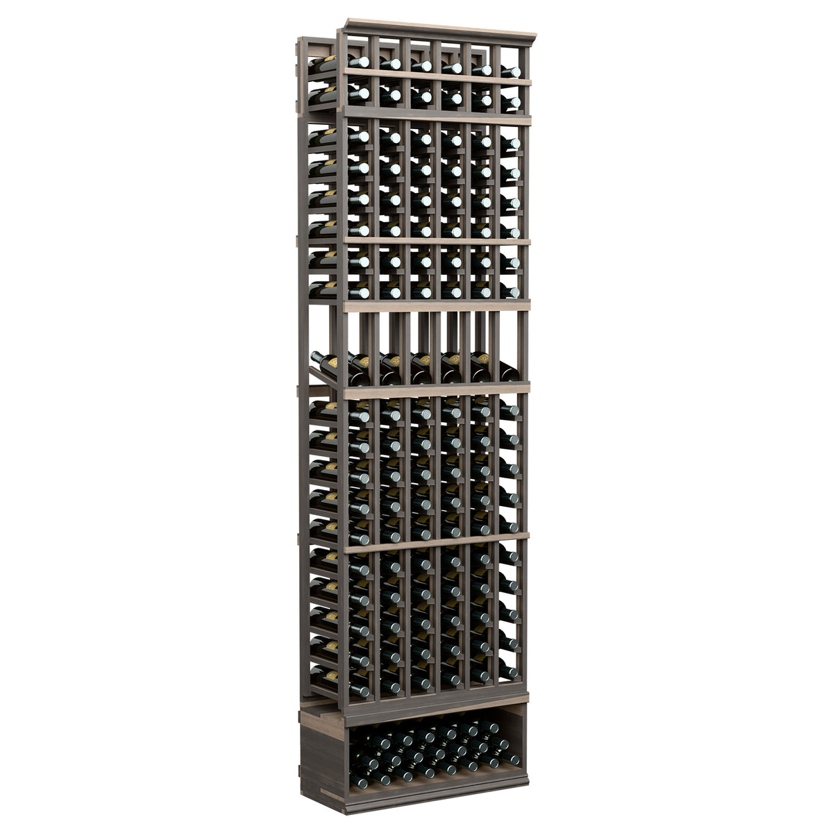 6-column 8ft wine rack with black frame, open bottle slots, and base shelf