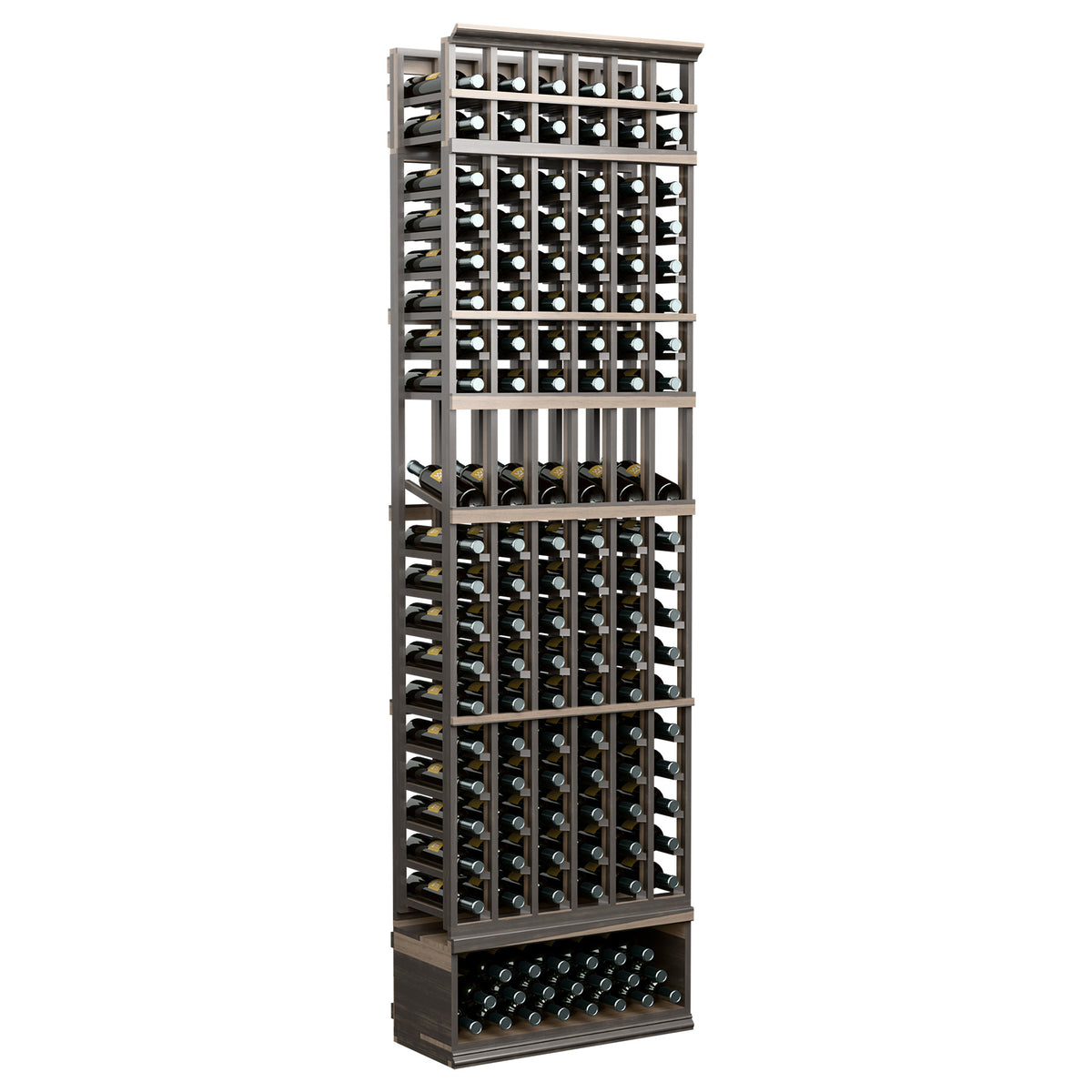 6-column 8ft wine rack, black frame with bottle compartments and lower display shelf