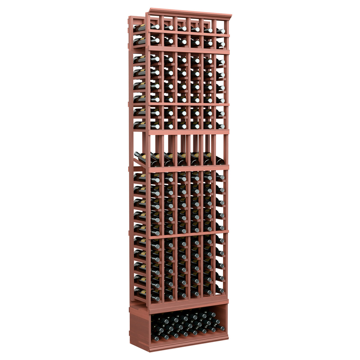 6-column 8ft wine rack with warm wood tone frame and open bottle slots