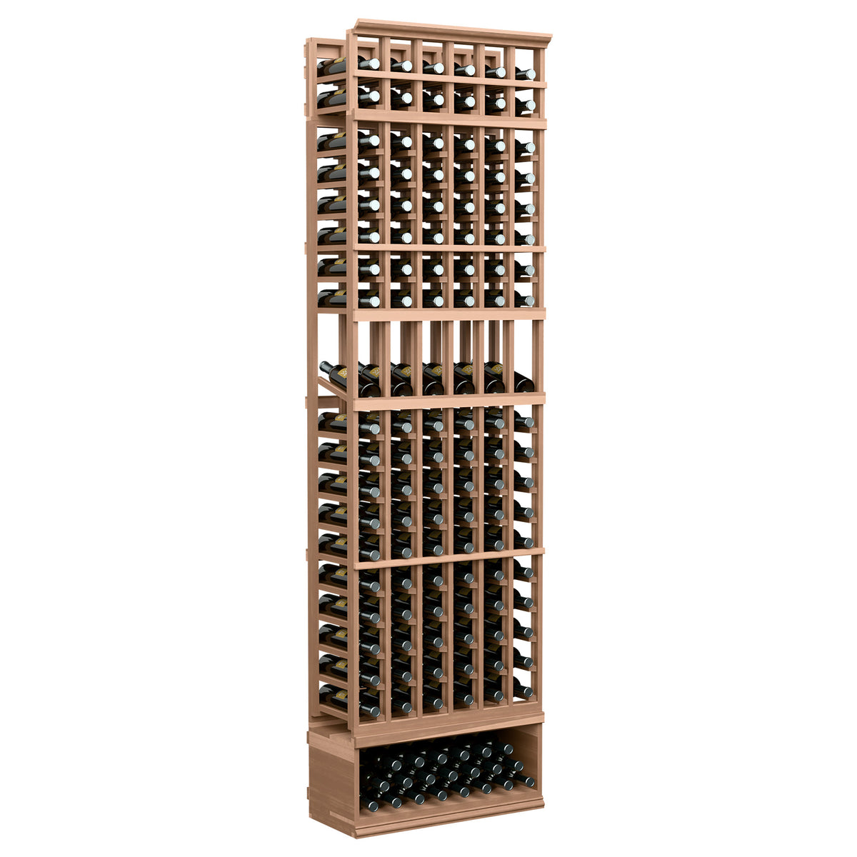 6-column 8ft wine rack with light wood frame and open bottle compartments