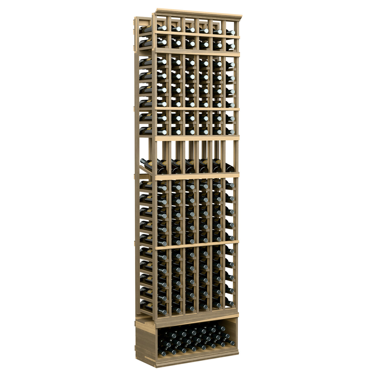 6-column 8ft wine rack with pale wood frame and open bottle compartments