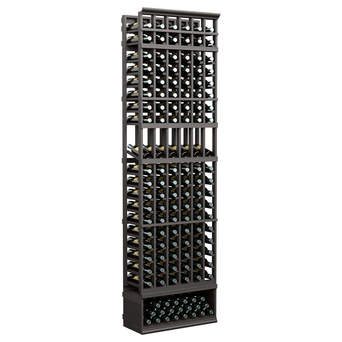 6-column 8ft wine rack with dark frame, open bottle slots, and bottom bottle row